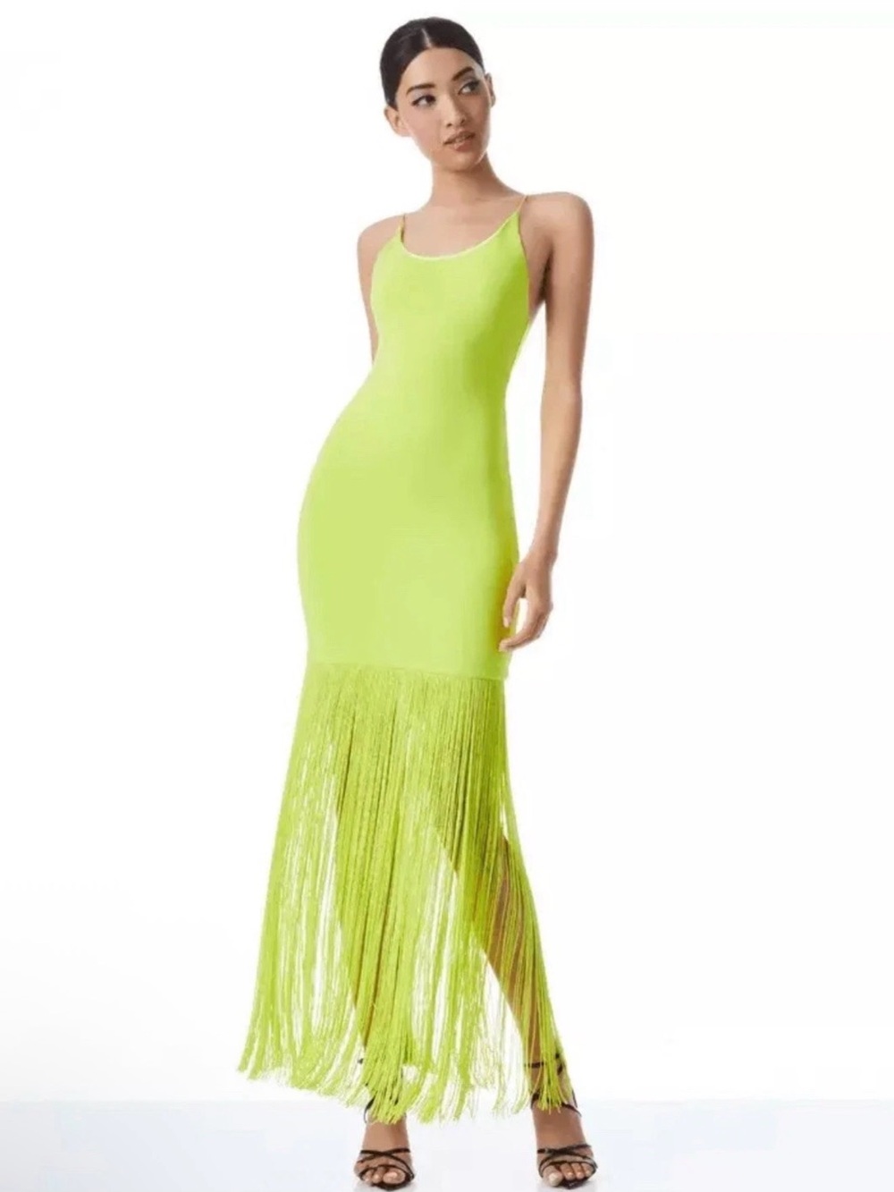 Alice + Olive Lime green /Citron Steph Fringe scoop neck Maxi Dress size 2 new
